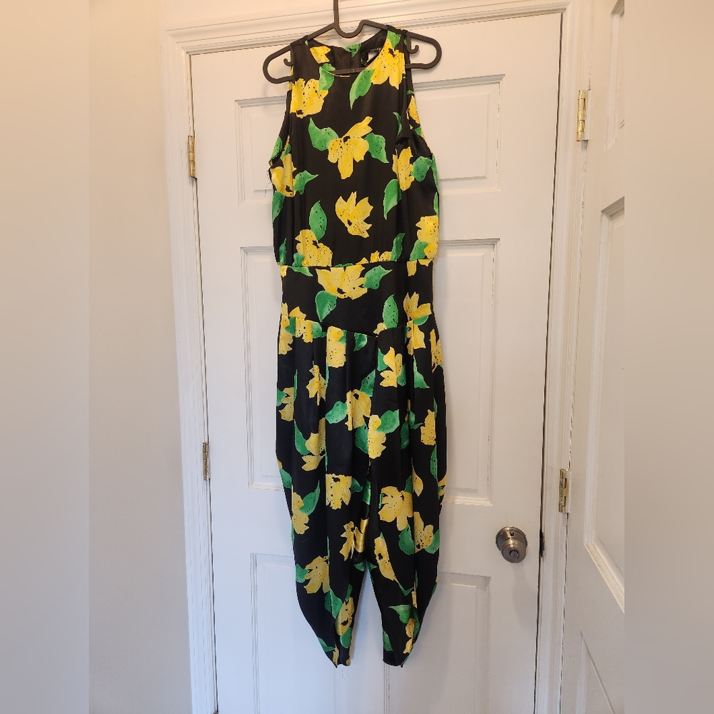 Vintage Floral Harem Drop Waist Chloe Sevingy Black Jumpsuit 14 L